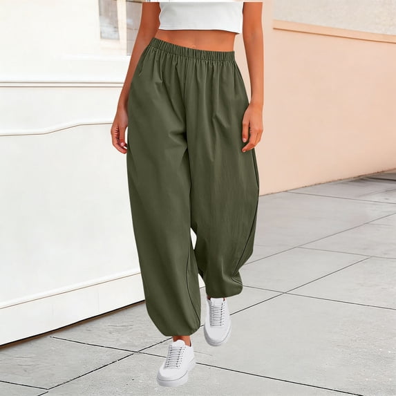 Ayolanni High Waist Pants for Women Straight Flowy Solid Jogger Pants Green Lounge Workout Business Trousers with Pockets L