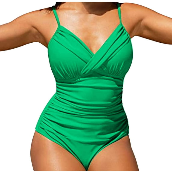 Ayolanni High Waist Swimsuit for Women Padded Push-Up One-Piece Swimwear Spaghetti Straps Backless Solid Casual Ruched Bathing Suit Green L