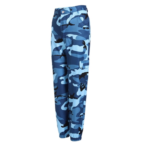 Ayolanni Hiking Pants for Women jogging Color Block Jogger Pants Camo Blue Athletic High Waist Pants with Pockets L