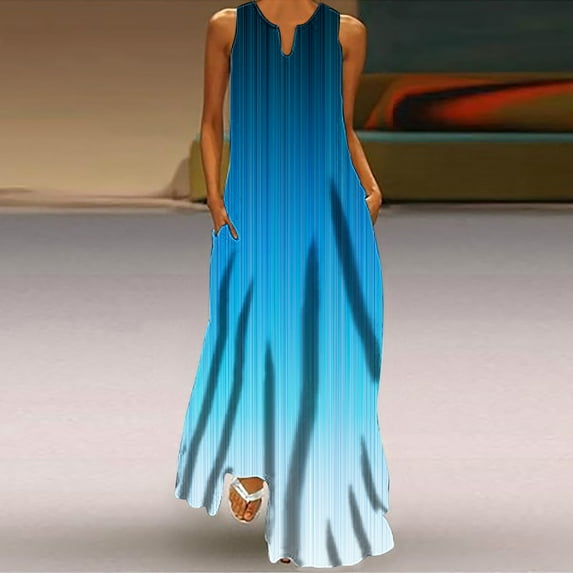 Ayolanni Holiday Dresses for Women Blue V-Neck Vacation Ombre Sleeveless Maxi Dresses Ladies Dresses 3x