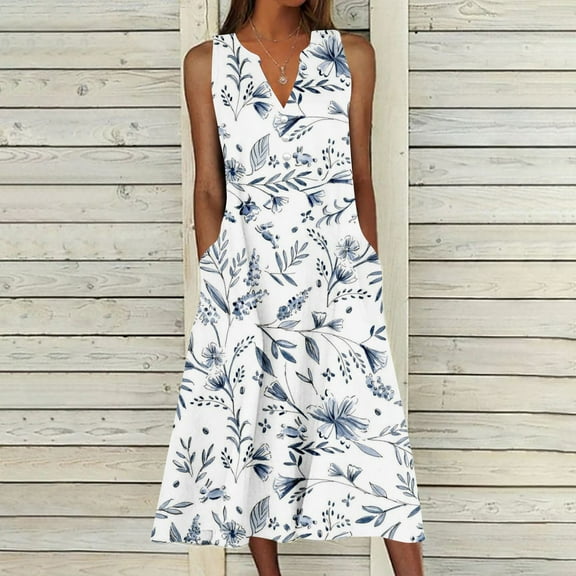 Ayolanni Holiday Dresses for Women Plus Size White V-Neck Sleeveless Floral Print Midi Dresses Dresses for Juniors 5x