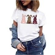 Ayolanni Khaki Bunny Printed T-Shirts for Women Easter Day Cute Blouse Top Spring Short Sleeves Pullovers Shirts Size L