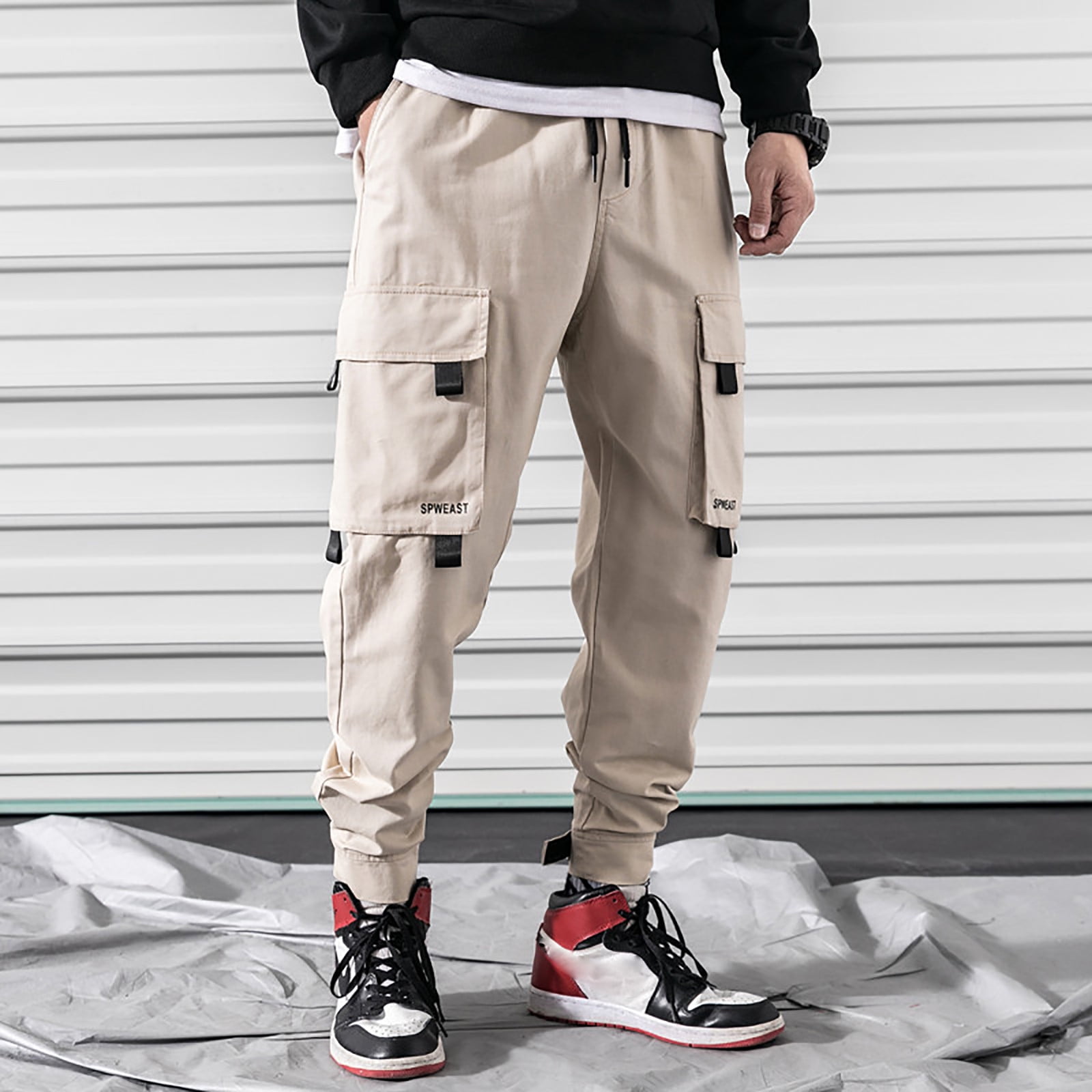Ayolanni Khaki Wide Leg Cargo Pants for Men Solid Color Casual Pants  Drawstring Mouth Hiking Work Pants Outdoor Clothing Xx