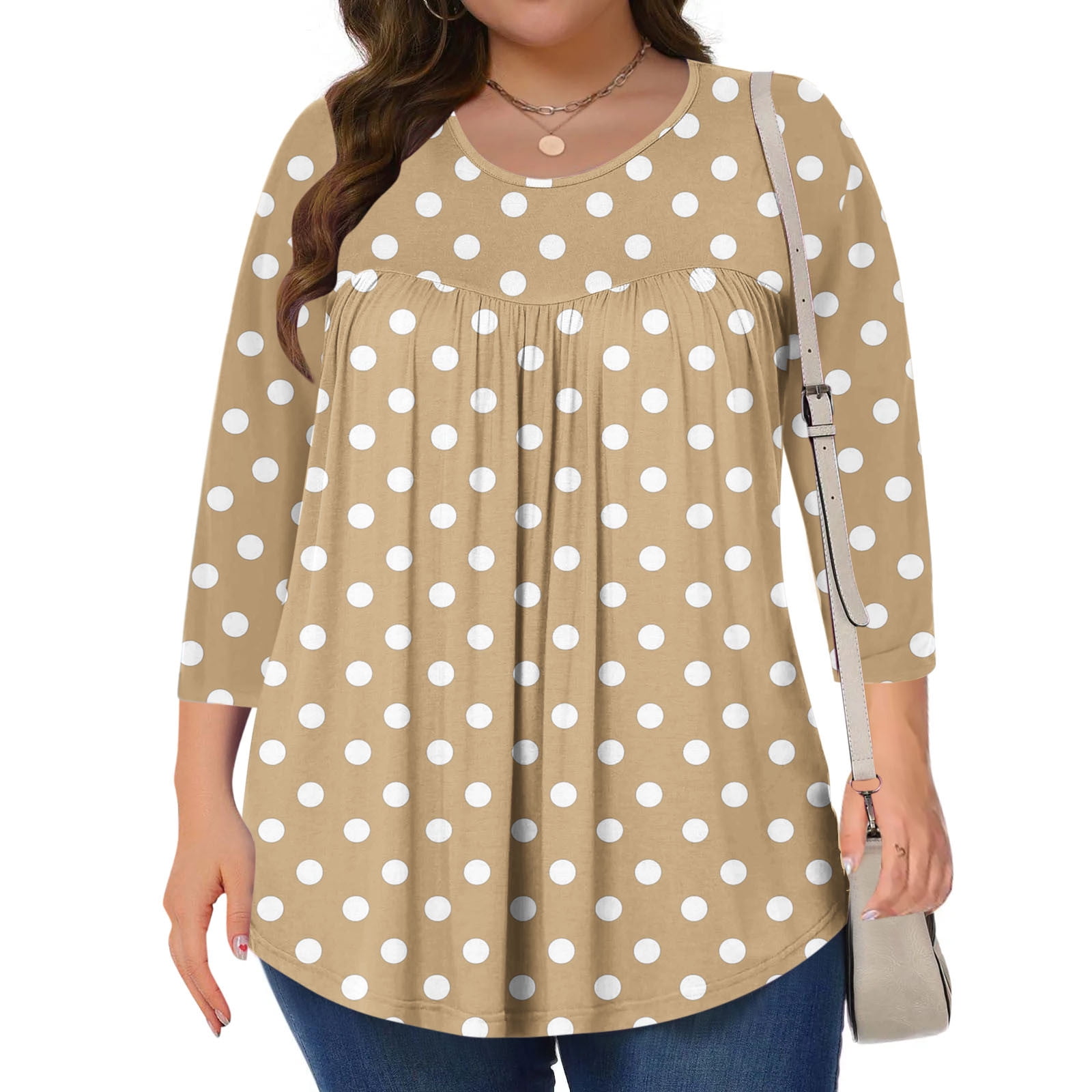 Ayolanni Khaki Women Shirts Casual Polka Dot Plus Size 3/4 Sleeve