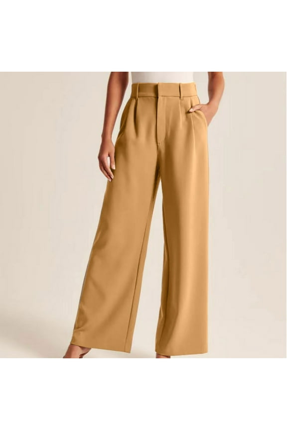 Khaki Women's Fashion 2024 Dress Pants Plus Size High Waist Wide Leg Pants with Pockets Casual Solid Suit Pants