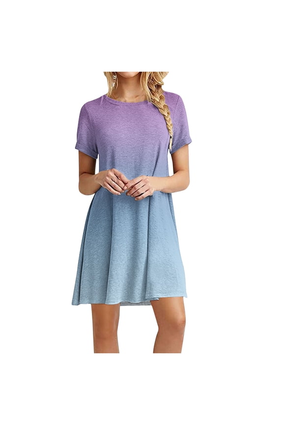 Knee-Length Beach Dresses for Women 2025 Vacation Blue Ombre Short Sleeve Dresses Casual Dresses for Juniors L