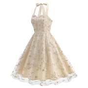 Ayolanni Knee-Length Beach Dresses for Women V-Neck Beige Ball Gown Sleeveless Embroidery Dresses Ladies Dresses M