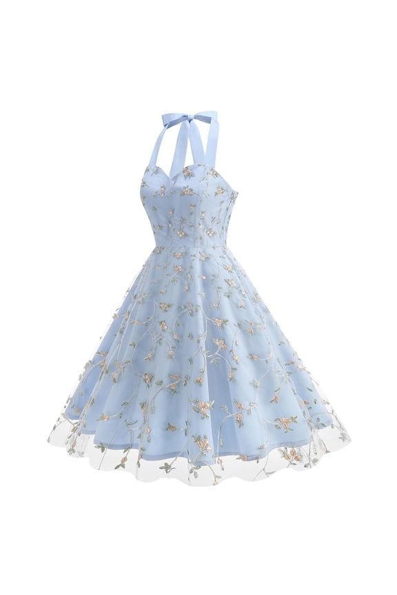 Knee-Length Party Dresses for Women 2025 Blue V-Neck Ball Gown Embroidery Sleeveless Dresses Junior Dresses S