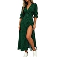 thumbnail image 1 of Ayolanni Knee Length Summer Dresses for Women 2026 Puff Sleeve V-Neck 3/4 Sleeve Polka Dots Long A-Line Dress Flowy Elegant Wrap Party High Slit Sundress Green S, 1 of 6