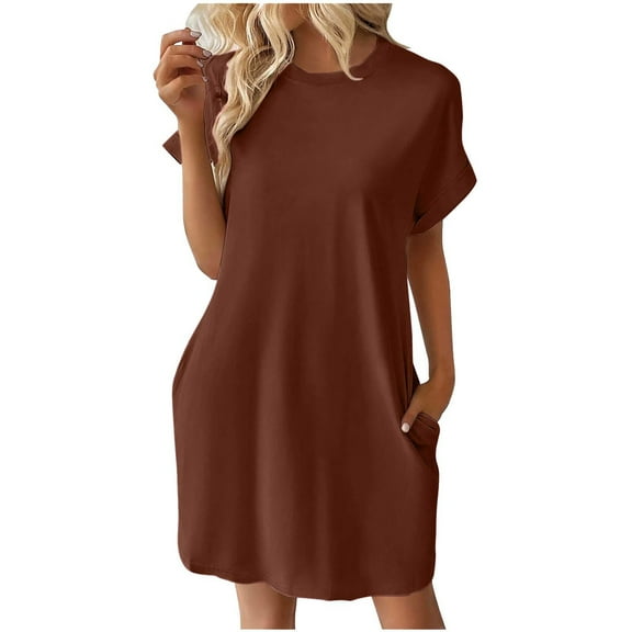 Ayolanni Knee-Length Summer Dresses for Women 2025 Vacation Brown Solid Short Sleeve Dresses Ladies Dresses S