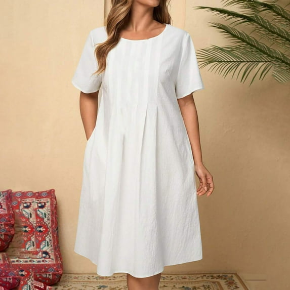 Ayolanni Knee-Length Womens Holiday Dresses 2025 White Cotton Linen Short Sleeve Solid Dresses Junior Dresses 2x
