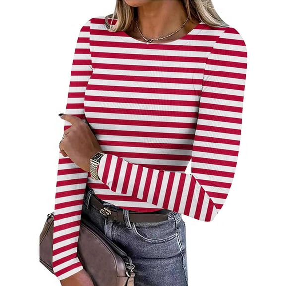 Ayolanni Knit Blouse Tops for Women Red Cropped Tight Long Sleeve Fall Fitted Striped T-Shirt Womens Shirts L