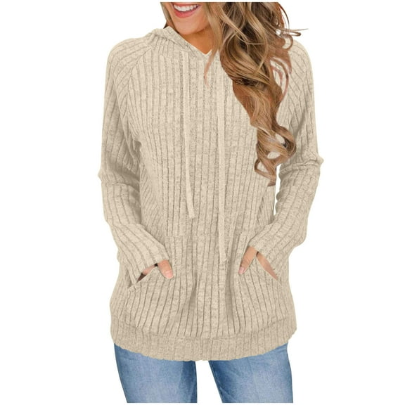Ayolanni Knitted Sweaters for Women 2025 Hooded Beige Casual Long Sleeve Solid Drawstring Shirts Women's Blouse M