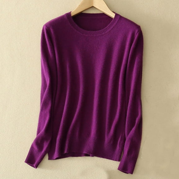 Ayolanni Knitted Womens Tops for Teachers Long Sleeve Dressy Purple Loose Solid Crewneck Sweaters Womens Shirts XL