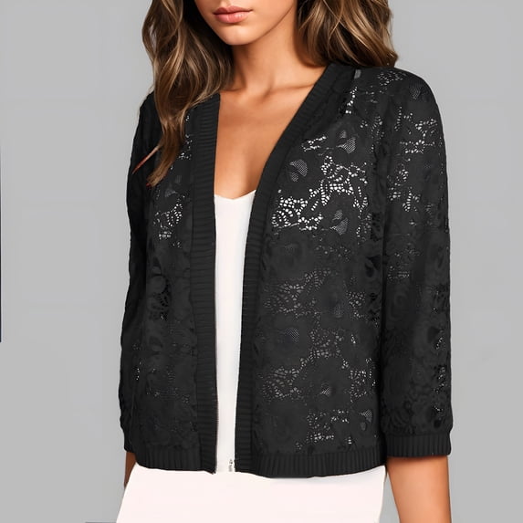 Ayolanni Lace Womens Cardigan Black Lightweight Long Sleeve Cardigan Solid V-Neck Crochet Cropped Cardigan XXL