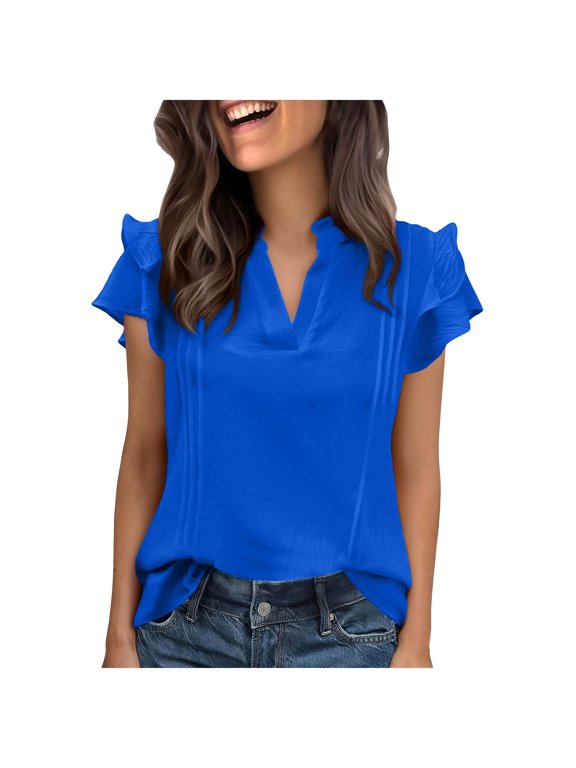 Leisure Women's Basic T-Shirts Short Sleeve V-Neck Solid Color Blouse Loose Flowy Flutter Shirts Summer Tops for Women