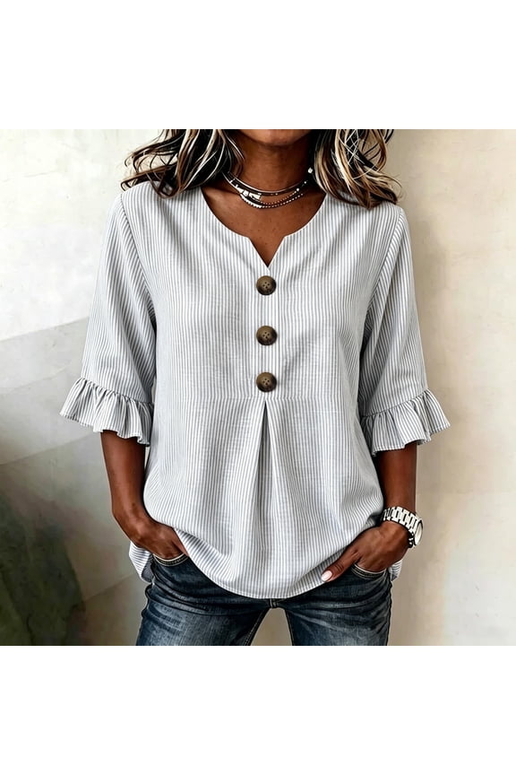 Leisure Womens Blouses Ruffled Striped Henley 3/4 Sleeve Blouse Daily Wear Fitted Flutter Button Down T-Shirt Womens Tees Gray M