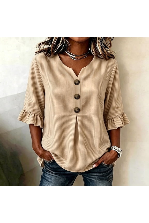 Leisure Womens T Shirts Ruffled 3/4 Sleeve Striped Henley Blouse Fitted Flutter Button Down Daily Wear T-Shirt Tops for Women 2026 Yellow L