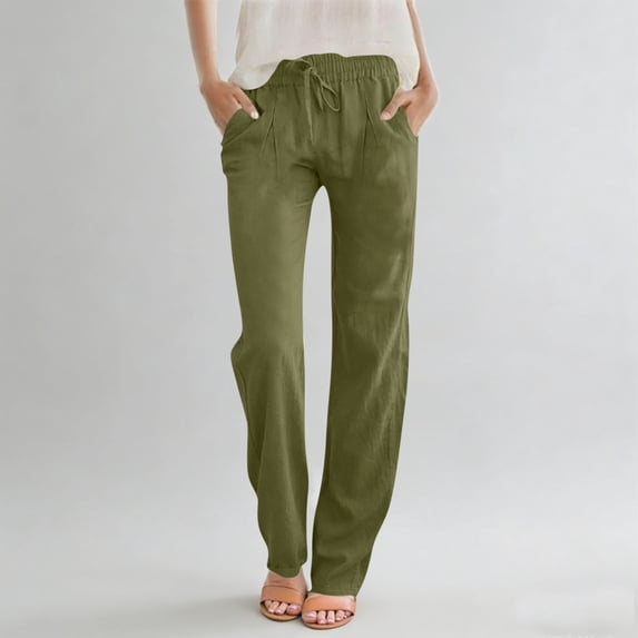 Ayolanni Lightweight Pants for Women Elastic Waist Solid Flowy Straight Leg Pants Pleated Casual Drawstring Green Loose Trousers with Pockets L