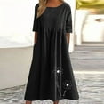thumbnail image 1 of Ayolanni Lightweight Summer Dresses for Women Short Sleeve Crew Neck Solid Printed Maxi A-Line Dress Smocked Plus Size Cotton Linen Daily Boho Sundress with Pockets Black L, 1 of 5
