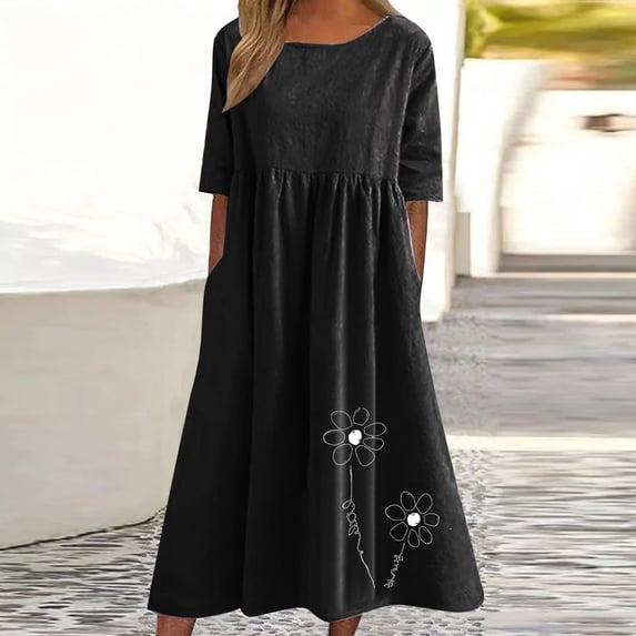 Ayolanni Lightweight Summer Dresses for Women Short Sleeve Crew Neck Solid Printed Maxi A-Line Dress Smocked Plus Size Cotton Linen Daily Boho Sundress with Pockets Black L