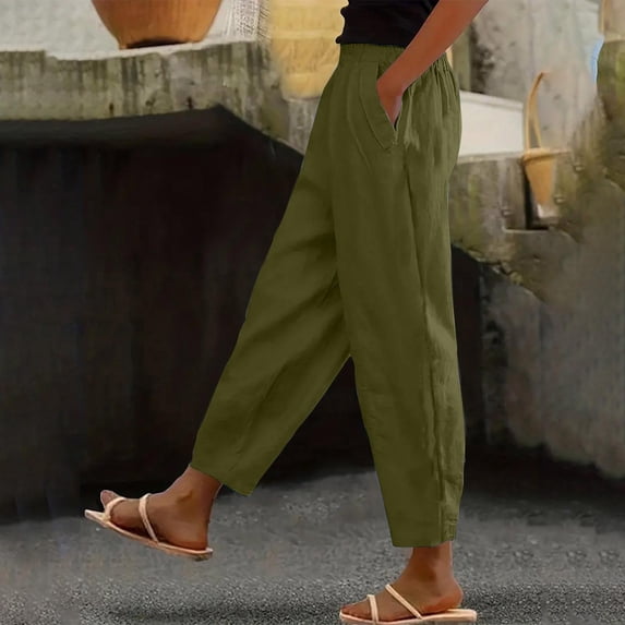 Ayolanni Linen Pants for Women Comfort Waist Solid Straight Leg Pants Lightweight Comfy Pants with Pockets Green L