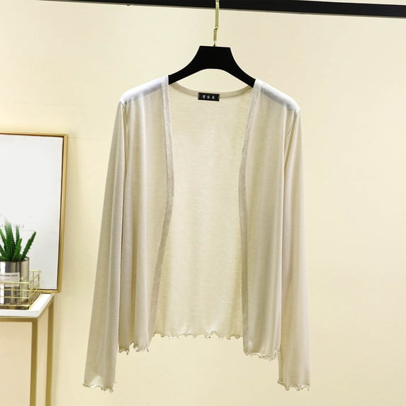 Ayolanni Long Sleeve Cardigan Sweaters for Women Sheer Beige Lightweight Cardigan Open Front Loose Solid V-Neck Cardigan L