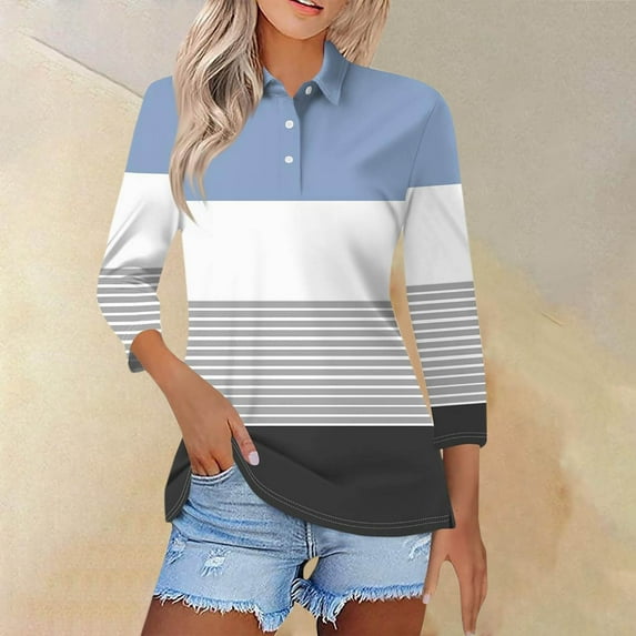 Ayolanni Long Sleeve Cute Tops for Women Summer Blue Striped Collared Pullover Polos Women's Shirts 4x