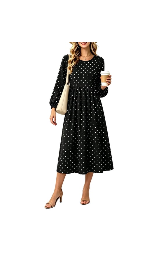 Long Sleeve Dresses for Women 2026 Round Neck Wedding Guest A-Line Maxi Dresses Elegant Polka Dots Pretty Party Long Dress Black S