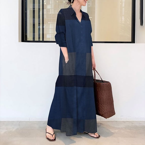 Ayolanni Long Sleeve Dresses for Women V Neck Formal A-Line Maxi Dresses Plaid Plus Size Flowy Work Long Dress Blue L