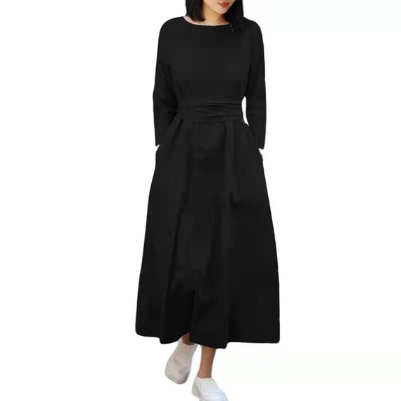 Ayolanni Long Sleeve Fall Dresses Cotton Round Neck A-Line Maxi Dresses Holiday Solid Casual Boho Long Dress Black L