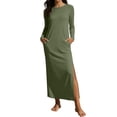 thumbnail image 1 of Ayolanni Long Sleeve Fall Dresses Round Neck Plus Size A-Line Maxi Dresses Daily Split Solid Casual Long Dress with Pockets Green L, 1 of 6