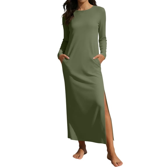 Ayolanni Long Sleeve Fall Dresses Round Neck Plus Size A-Line Maxi Dresses Daily Split Solid Casual Long Dress with Pockets Green L