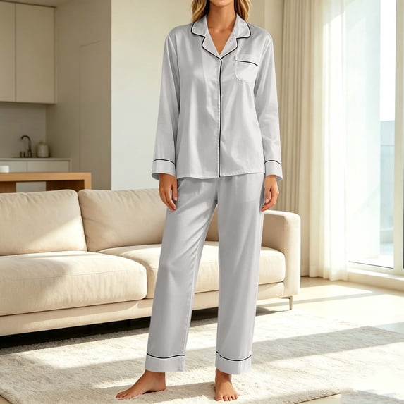 Ayolanni Long Sleeve Pajamas for Women Set Soft Solid Tops and Pants Gray Button Up Sleepwear 2 Piece Lounge Sets with Pockets L