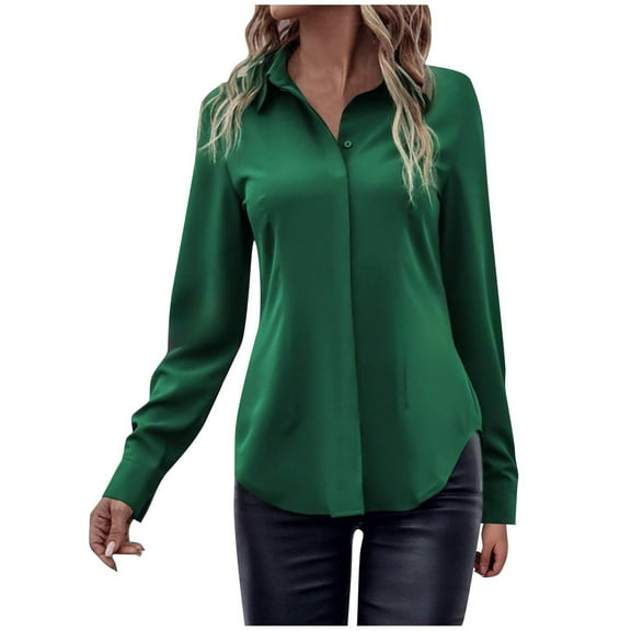 Ayolanni Long Sleeve Shirts Women Satin Green Solid Button-Up Shirts Girls'Tops, Tees & Blouses M