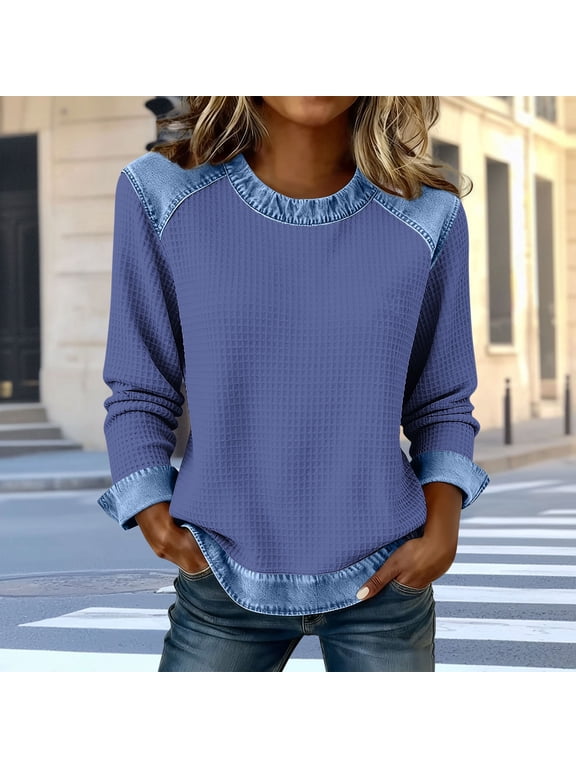 Long Sleeve Shirts for Women Going Out Denim Patchwork Navy Tops Crew Neck Waffle Casual Blouses