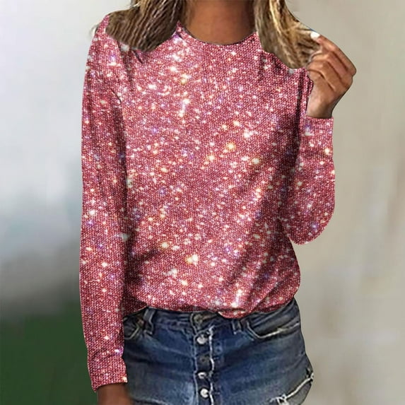 Ayolanni Long Sleeve Tunic Tops for Women Pink Crew Neck Sequin Pullover Blouses Shirts for Women M