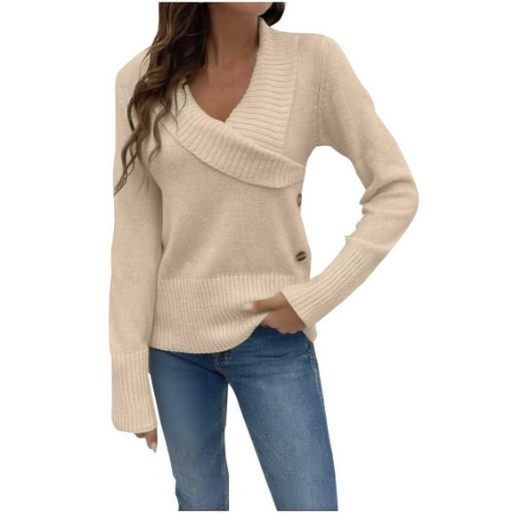 Ayolanni Long Sleeve Women Sweater Wrap Beige Fashion V-Neck Jumper Fall Solid Decorative Buttons Outfits Ladies Tops L