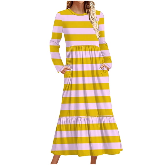 Ayolanni Long Sleeve Women’s Fall Dress Crew Neck Striped Swing Pleated Maxi A-Line Dress Fashion Going Out Dressy Sundress Yellow XL