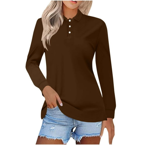 Ayolanni Long Sleeve Womens Spring Tops Brown Collared Pullover Solid Polos Teen Girls Shirts S