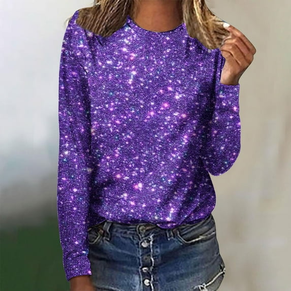 Ayolanni Long Sleeve Womens Spring Tops Purple Crew Neck Sequin Pullover Blouses Women Shirt M