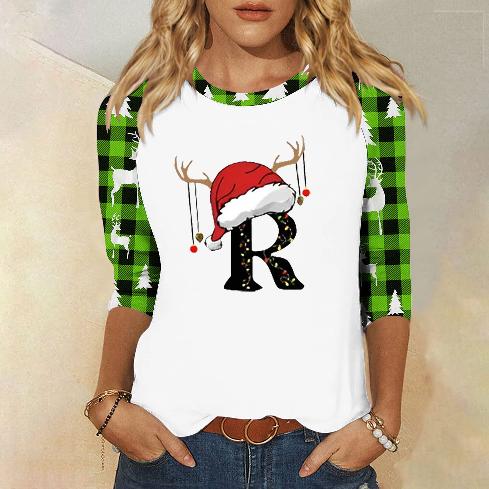 Ayolanni Long Workout Tops for Women 3/4 Sleeve Green Christmas