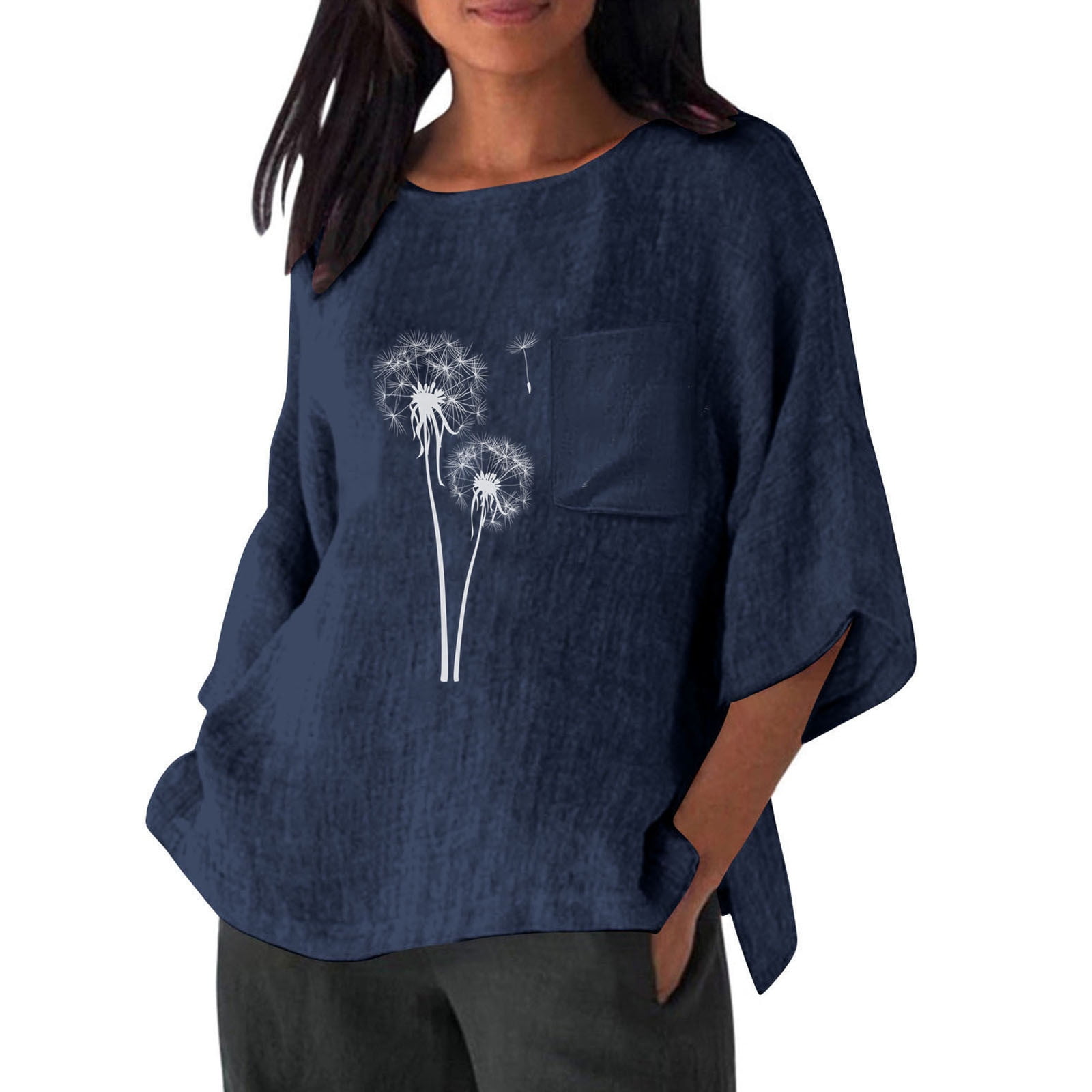 Ayolanni Loose Fall Tops for Women 2024 3/4 Sleeve Blue Dandelion