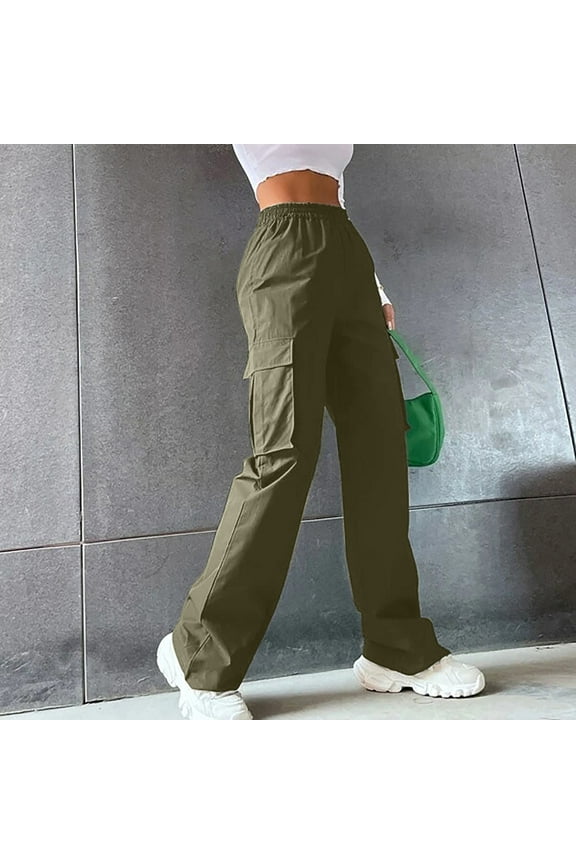 Loose Travel Pants Women Army Green Cargo Pockets Solid Elastic Band Pants Ladies Pants Plus Size L