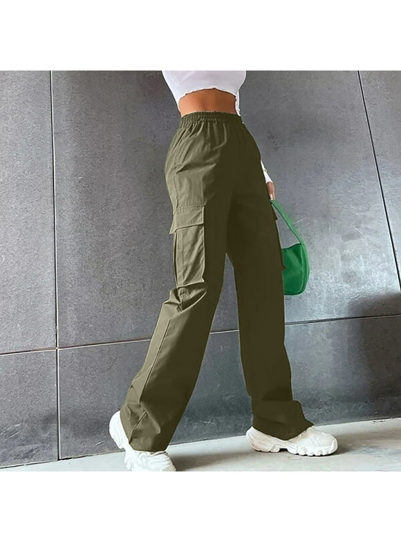 Loose Travel Pants Women Army Green Cargo Pockets Solid Elastic Band Pants Ladies Pants Plus Size L