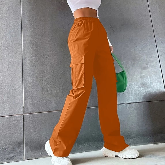 Ayolanni Loose Womens Summer Pants Cargo Yellow Pockets Solid Elastic Band Pants Pants for Women Jeans XXL