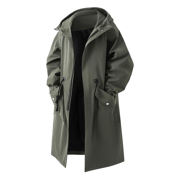 Mid Guy Ayolanni Men's Trench Coat Mid-Length Hooded Army Green Full Zip ...