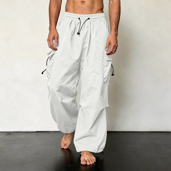 Ayolanni Men's Wide Leg Cargo Pants Baggy Work Lightweight Drawstring Pants with Pockets White Pant for Men XXS