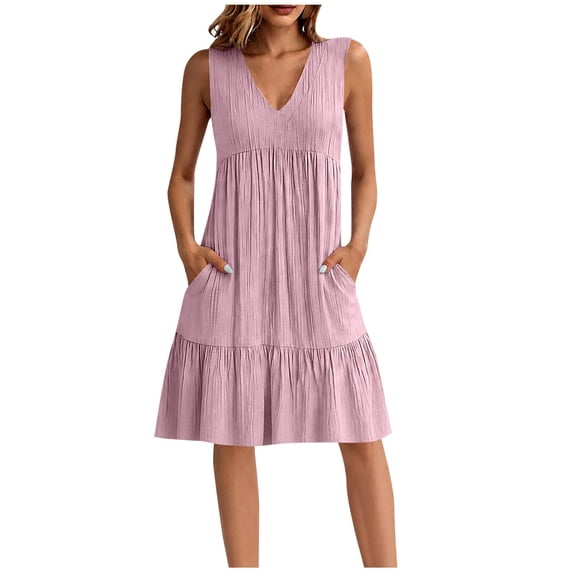 Ayolanni Modest Summer Dresses for Women 2026 V-Neck Solid Sleeveless Midi A-Line Dress Ruffle Vacation Casual Beach Pleated Sundress with Pockets Pink M