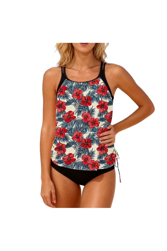 Modest Tankini Sets for Women Red Summer 2 Piece High Cut Bottom Floral Tankini Womens Swimsuits XL